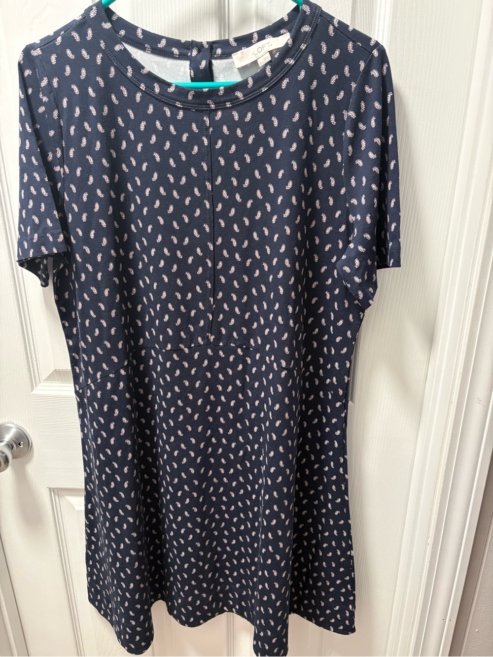 LOFT Navy Dress with Small Pink Paisley Motif
